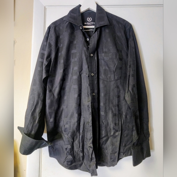 BUGATCHI Classic Fit Black Jacquard Cotton Long Sleeve Button-Down Shirt Size M - Picture 1 of 11
